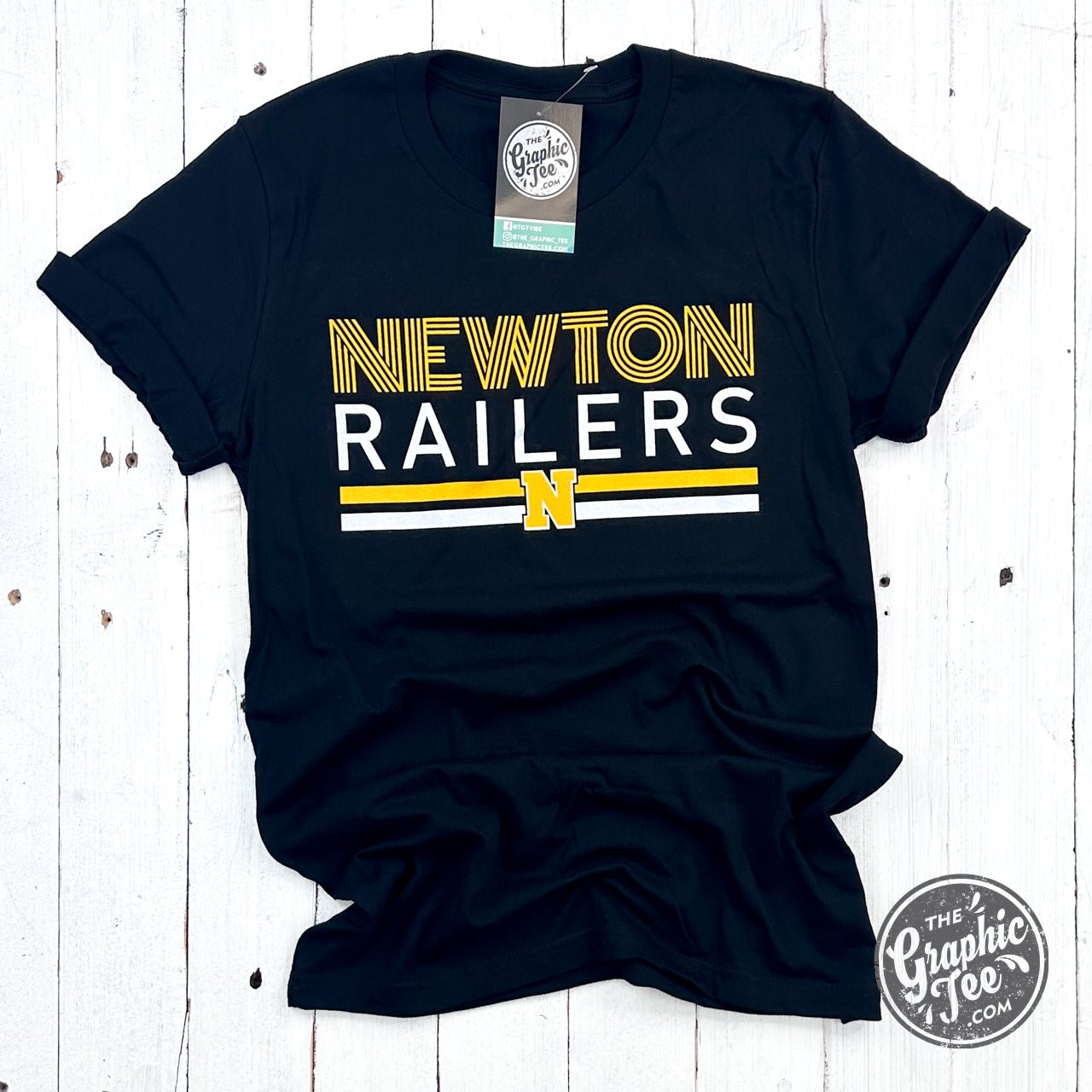 Black unisex short sleeve graphic tee with multiline Newton Railers print and N logo from The Graphic Tee for adults.