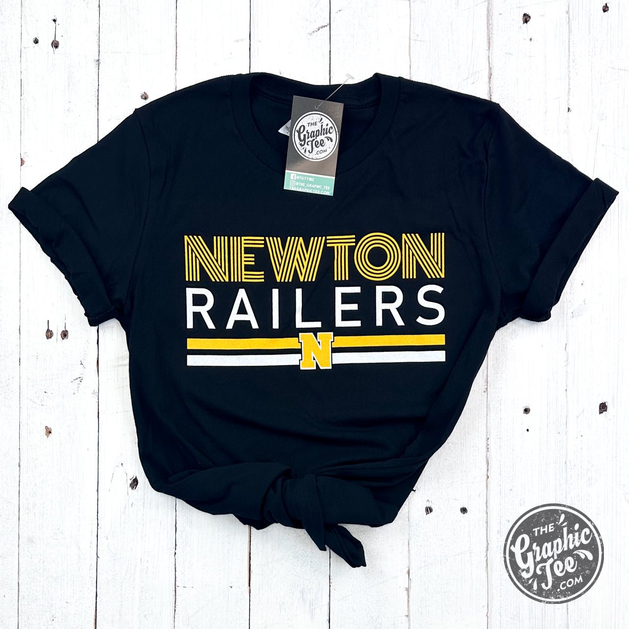 Youth unisex short sleeve graphic tee by The Graphic Tee featuring Newton Railers multiline print with N in black.
