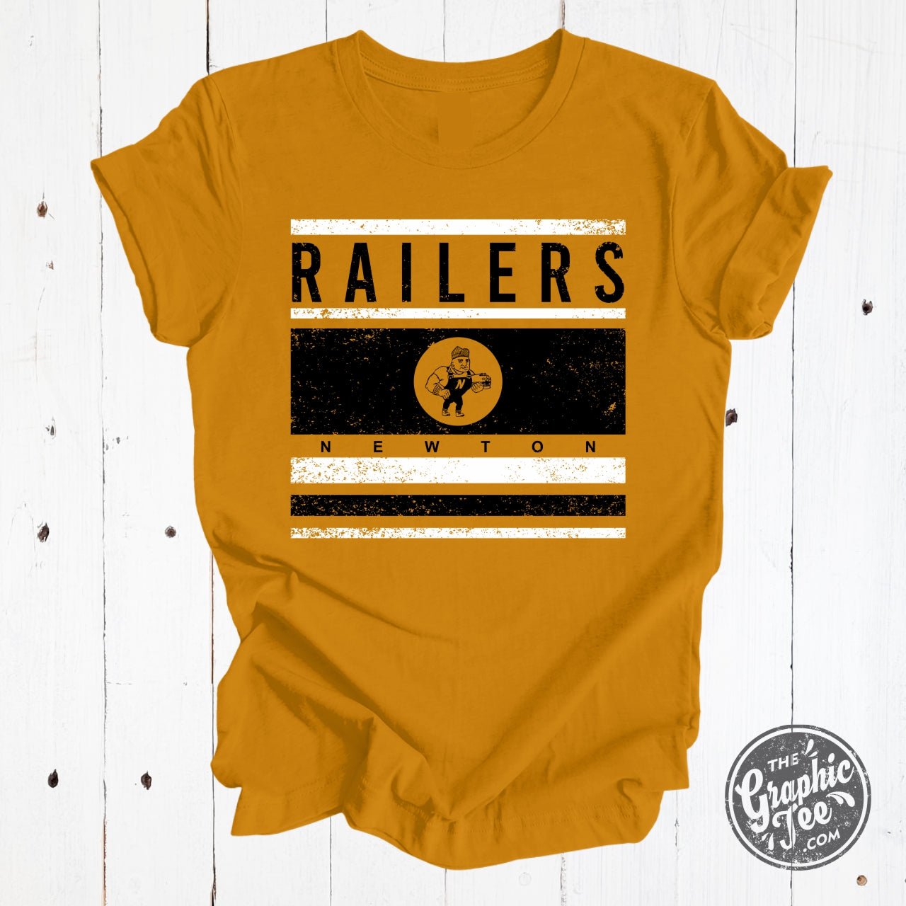 Youth short sleeve crewneck tee with yellow stripes and Railerman graphic on antique gold fabric by The Graphic Tee.