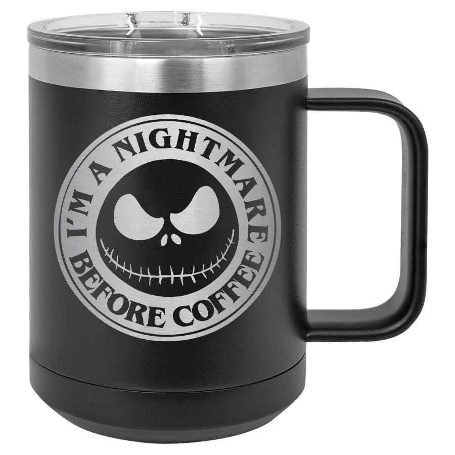 Nightmare Before Coffee 15 oz Polar Camel mug with sliding lid, featuring spooky design, from Anchored Grace Boutique.