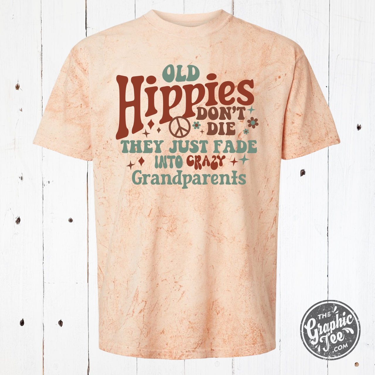 Old Hippies Colorblast short sleeve graphic tee by The Graphic Tee featuring vibrant, colorful psychedelic design on soft fabric.