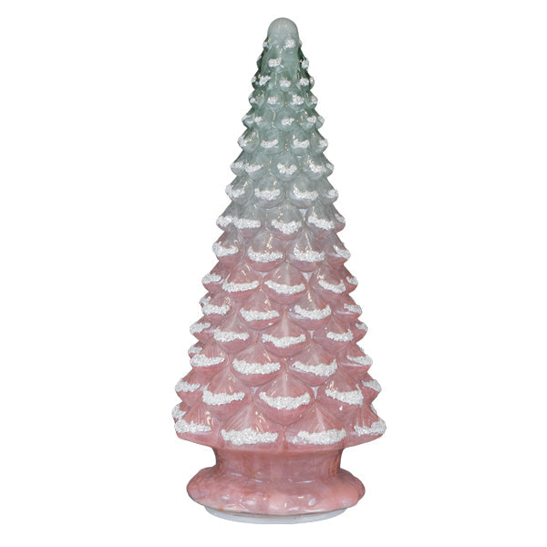 Pink glass tabletop Christmas tree, 14-inch lit decorative ornament by Old World Christmas on a clear display.