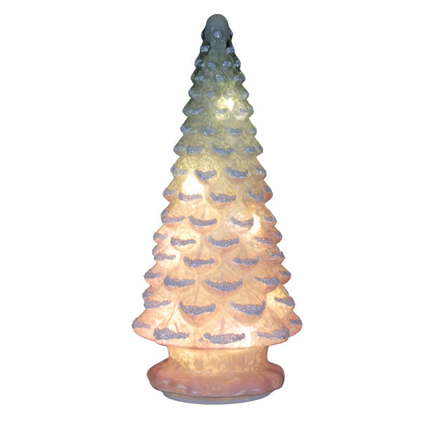 Pink glass tabletop tree, 14 inches tall, from Old World Christmas, with detailed pink glass branches and ornaments.