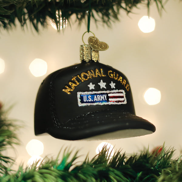 Old World Christmas National Guard Cap ornament featuring a detailed miniature military cap with patriotic details.