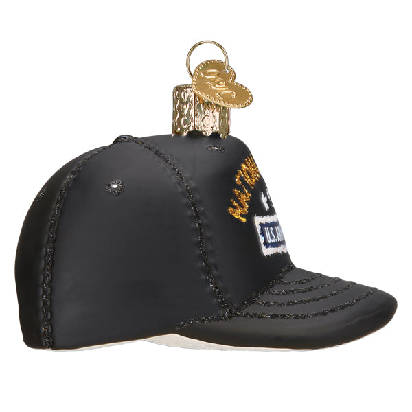 Old World Christmas National Guard Cap Ornament featuring a detailed miniature military cap with patriotic design.