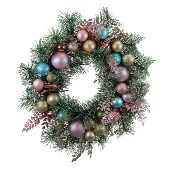 Colorful 24-inch Touch of Whimsy Pastel Wreath by Old World Christmas, featuring pastel ribbons and decorative accents.