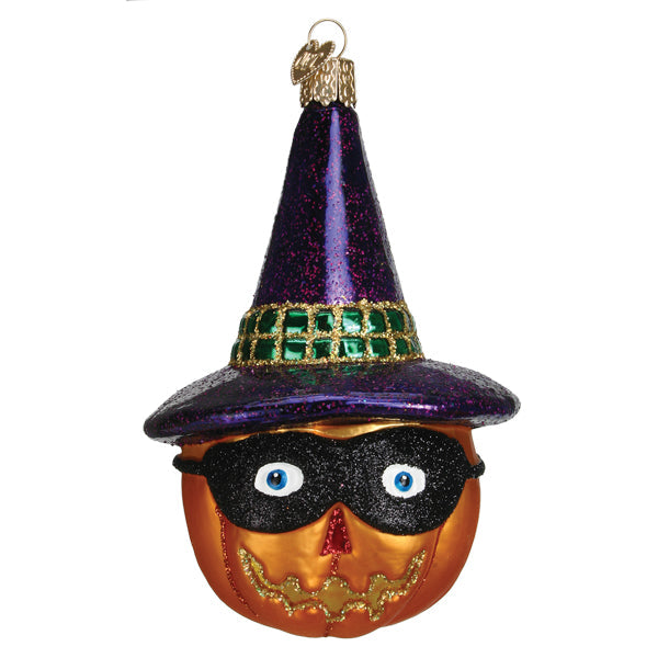 Masked Witch Jack O'Lantern ornament from Old World Christmas featuring a spooky witch face inside a carved pumpkin.