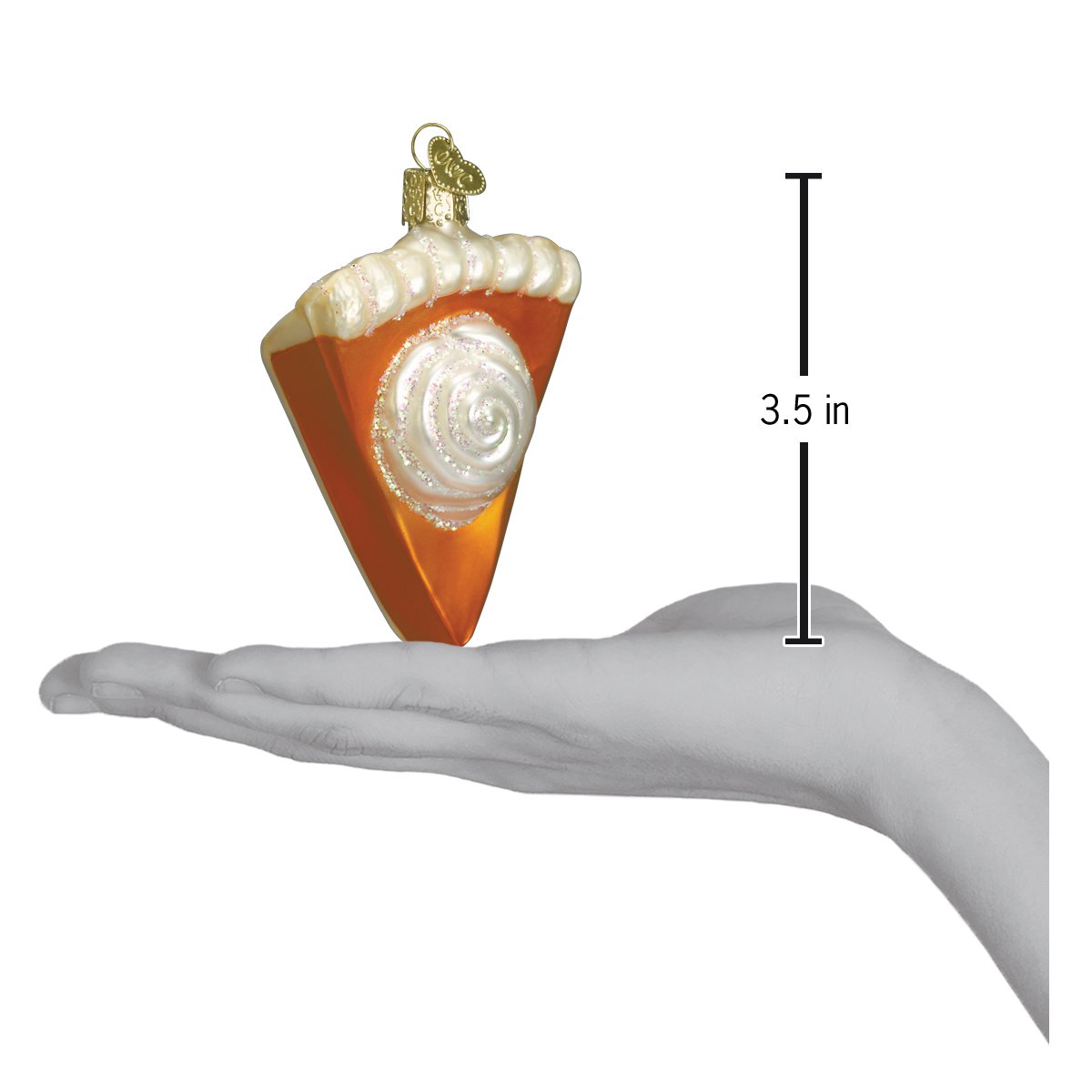 Old World Christmas pumpkin pie ornament, detailed ceramic piece with a slice of pumpkin pie and whipped cream decoration.