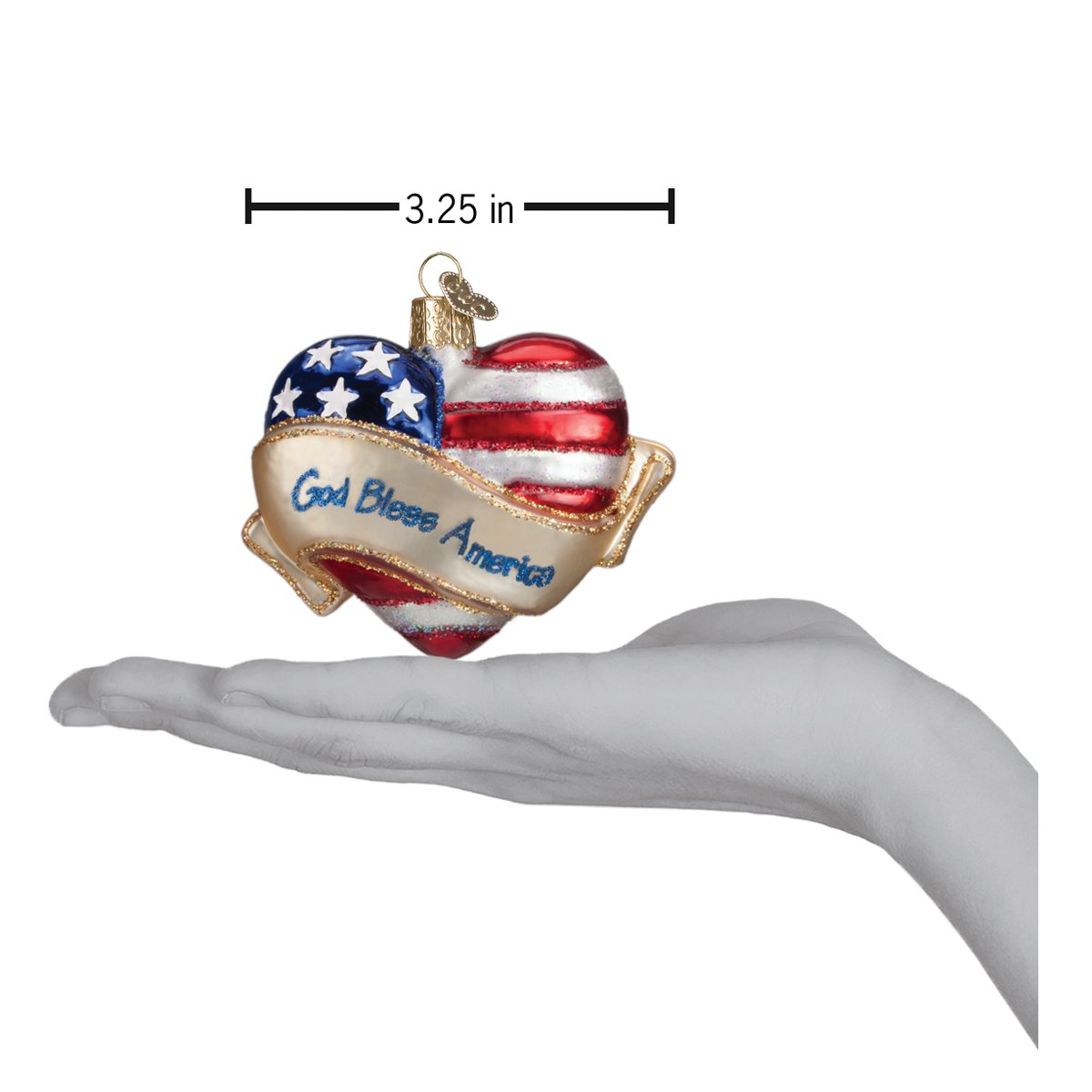 Old World Christmas God Bless America Heart ornament featuring a patriotic heart design on clear glass with red, white, and blue accents.