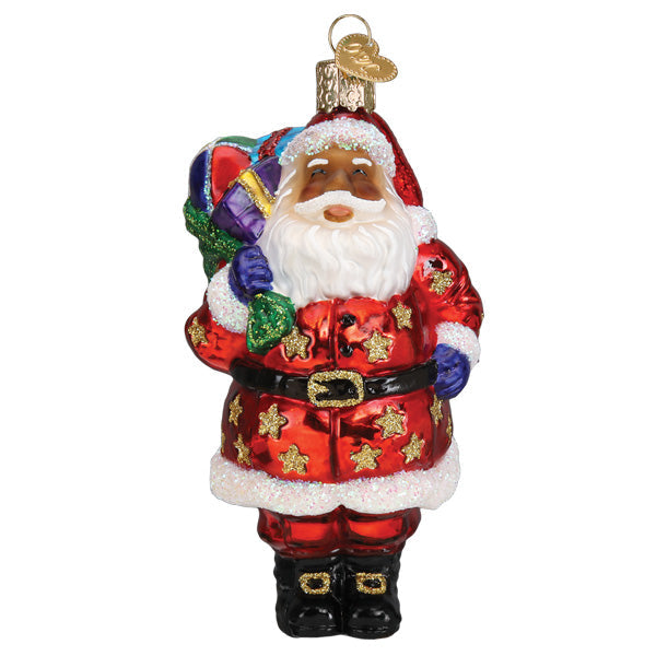African American Santa ornament from Old World Christmas featuring festive holiday design and vibrant colors.