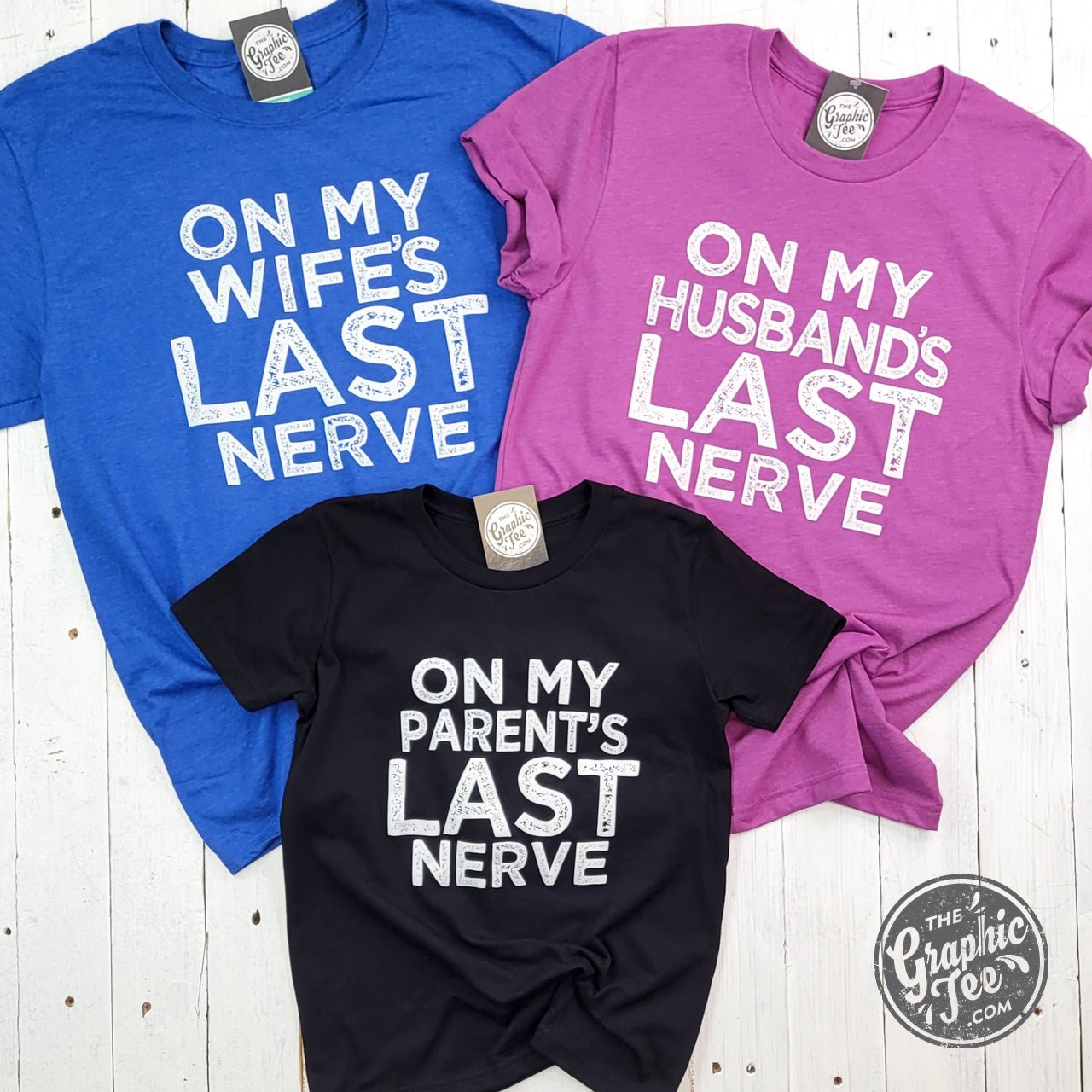 Unisex graphic tee featuring "On My Parent's Last Nerve" print, casual adult short sleeve t-shirt by The Graphic Tee.