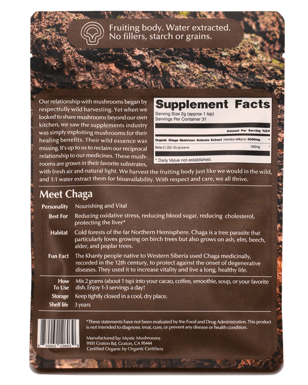 Pack of Ora Cacao Chaga mushroom supplement in a clear plastic bag with a label showing the product name and branding.