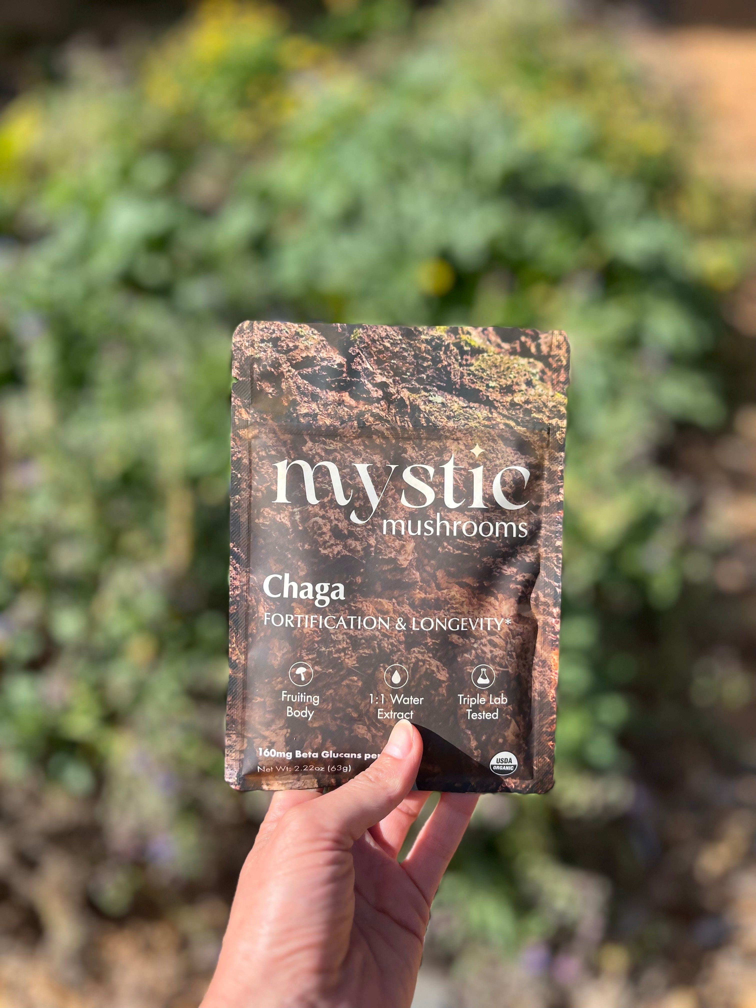 Pack of Ora Cacao Chaga mushroom supplement, showing the natural dried Chaga chunks in a clear view.