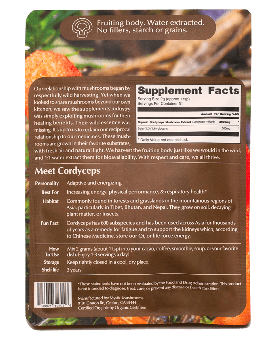 Pack of Ora Cacao Cordyceps supplement with capsules in a clear container, highlighting natural health and wellness benefits.