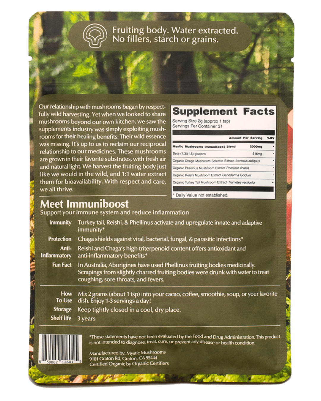 Pack of Ora Cacao ImmuniBoost supplement featuring natural herbal capsules in a clear plastic container.
