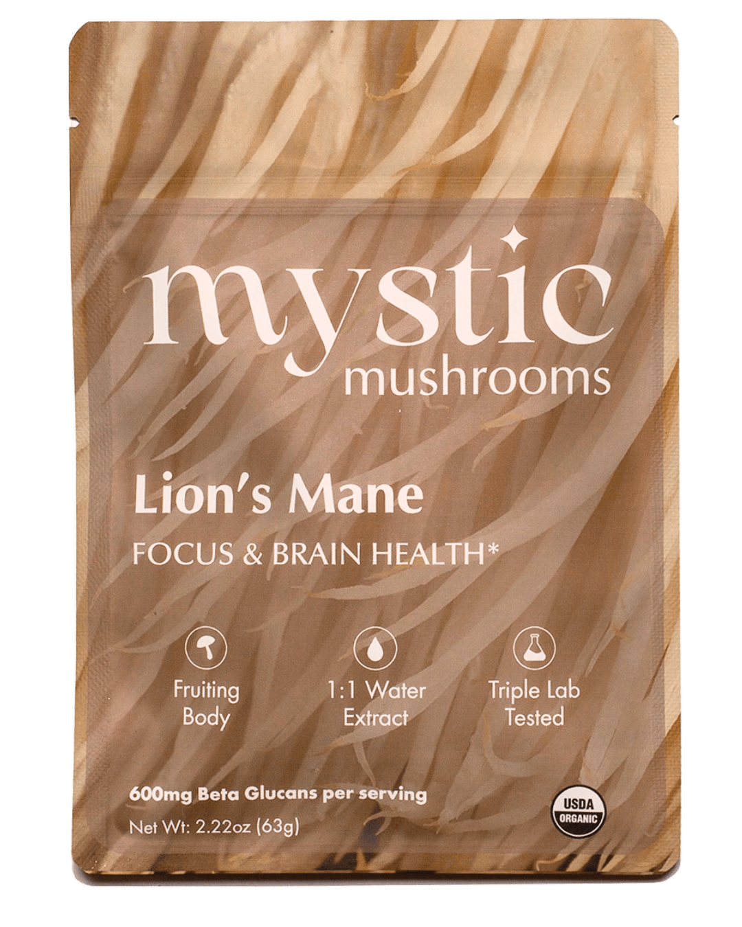 Ora Cacao Lion's Mane supplement in a clear bottle, showing the label with natural mushroom imagery and branding.