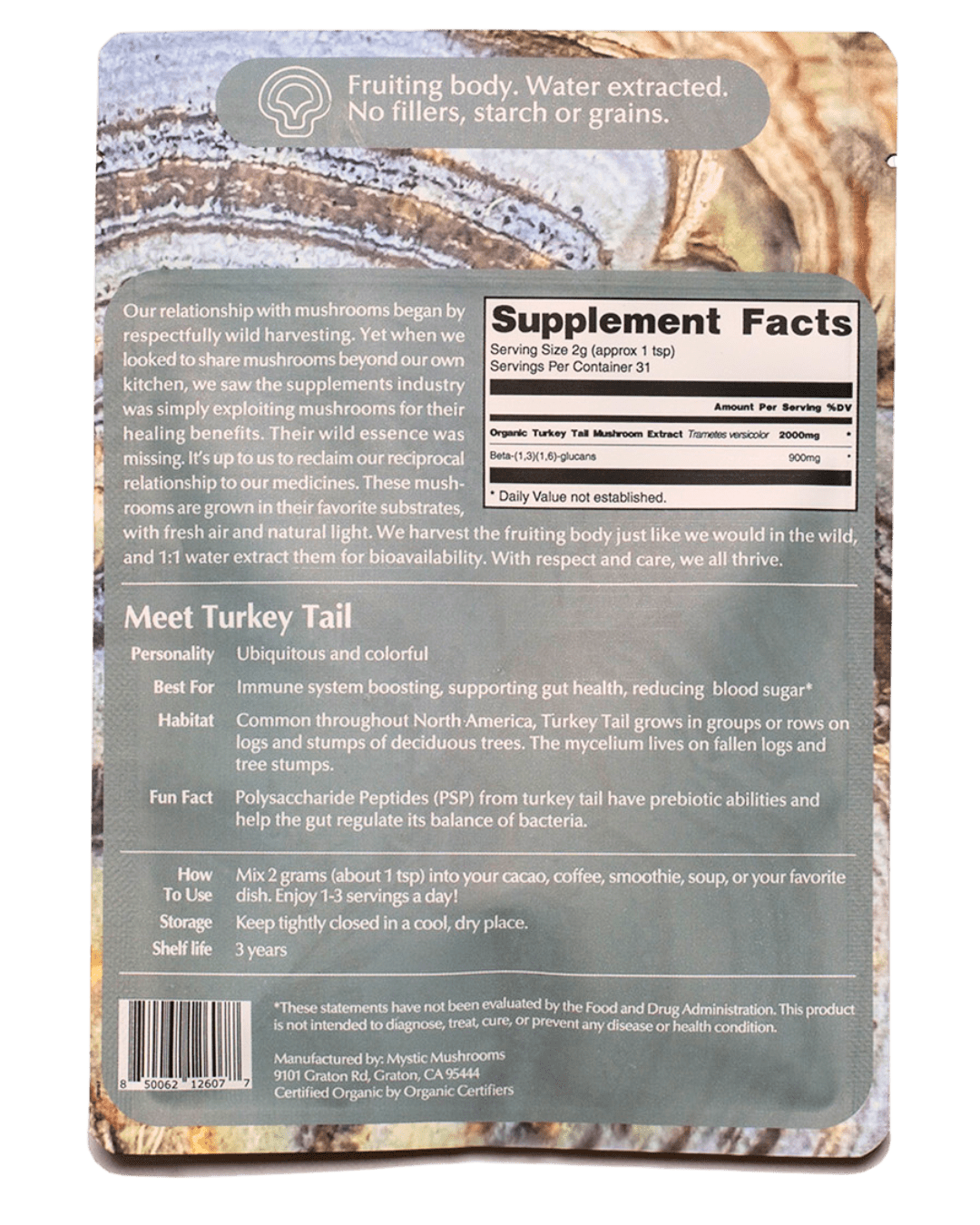 Ora Cacao Turkey Tail supplement in a clear packaging, featuring a natural mushroom product for immune support.