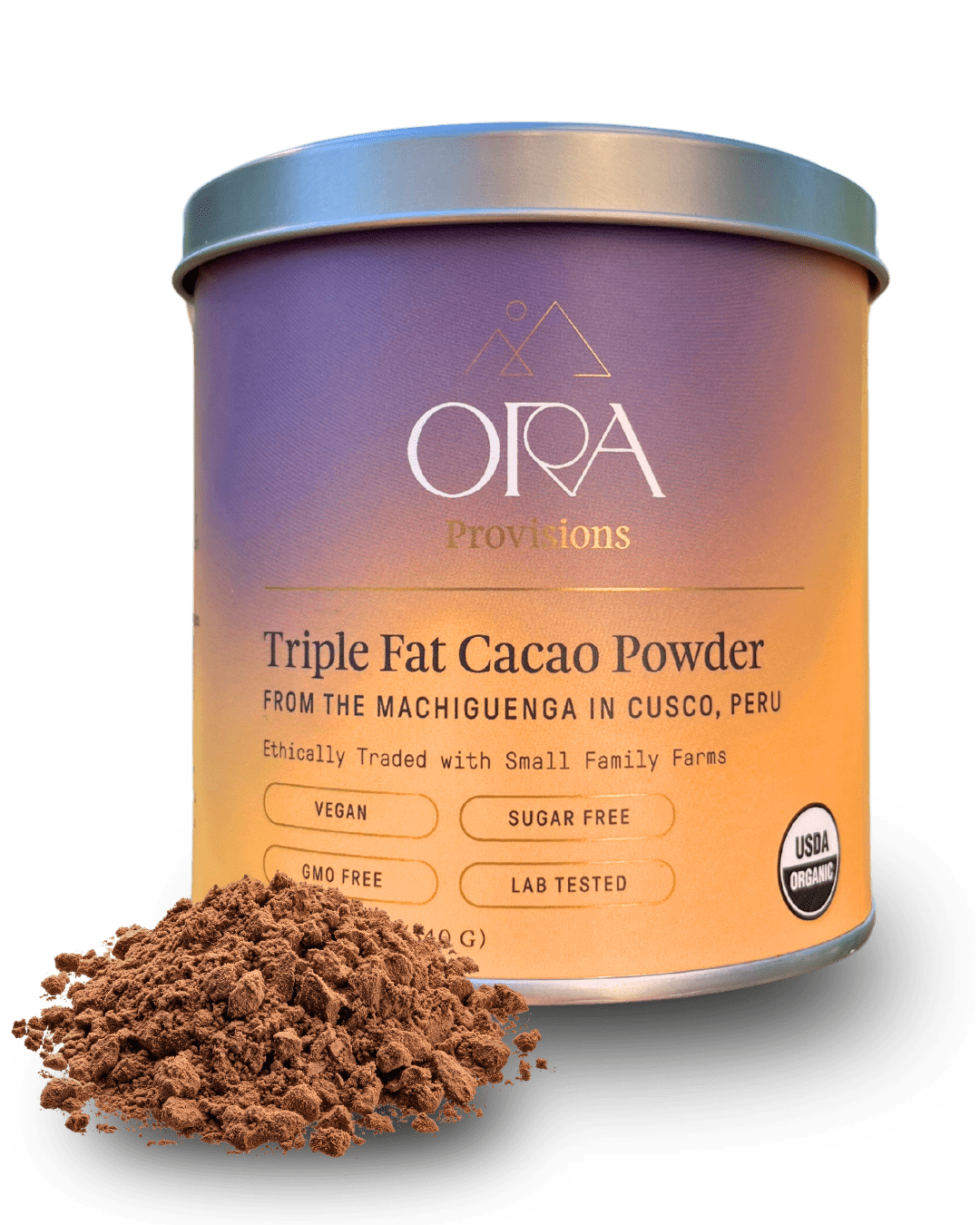 Triple Fat Cacao Powder in a 12 oz tin by Ora Cacao, showcasing rich, dark cacao powder for baking and cooking.