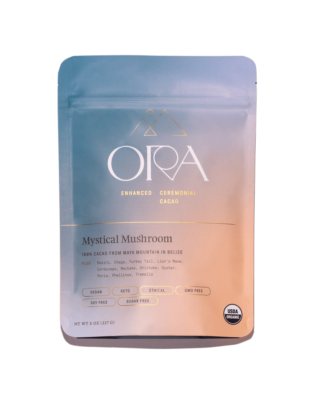 Enhanced 100% ceremonial cacao from Ora Cacao, Mystical Mushroom flavor, in 1 lb package, showcasing rich cacao beans and Mystical Mushroom branding.