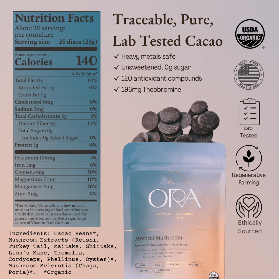 Enhanced 100% ceremonial cacao with mystical mushroom from Ora Cacao, showing a close-up of the cacao bar with mushroom infusion.