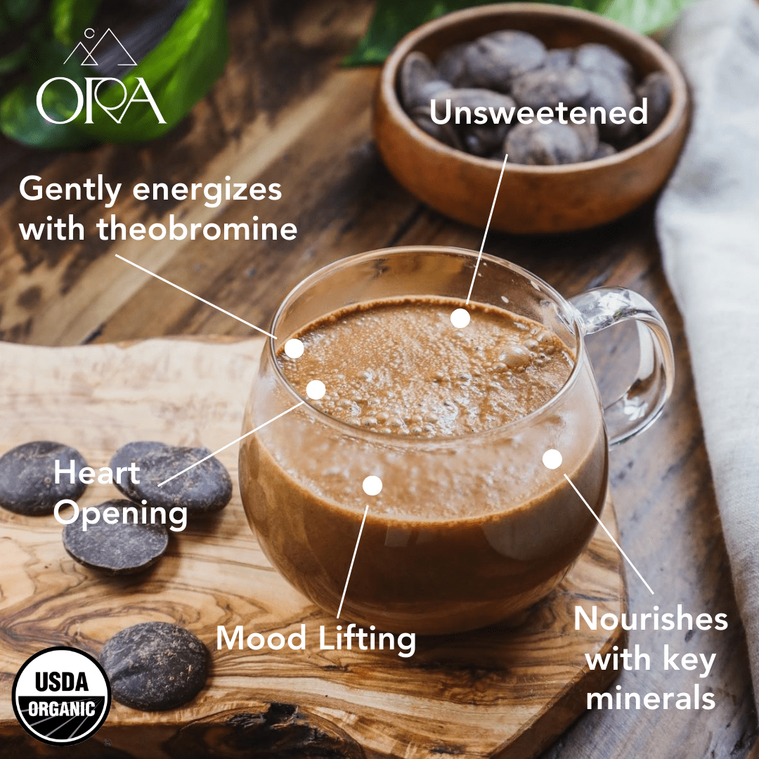 Ora Cacao Vibrant Vitality enhanced 100% ceremonial cacao in 1 lb package, rich and vibrant raw cacao product.