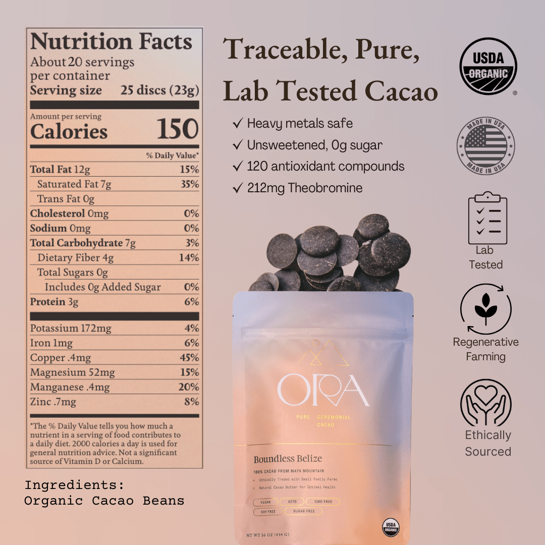Pure 100% ceremonial cacao from Ora Cacao, Boundless Belize, shown in a 1 lb package with rich cacao beans visible.