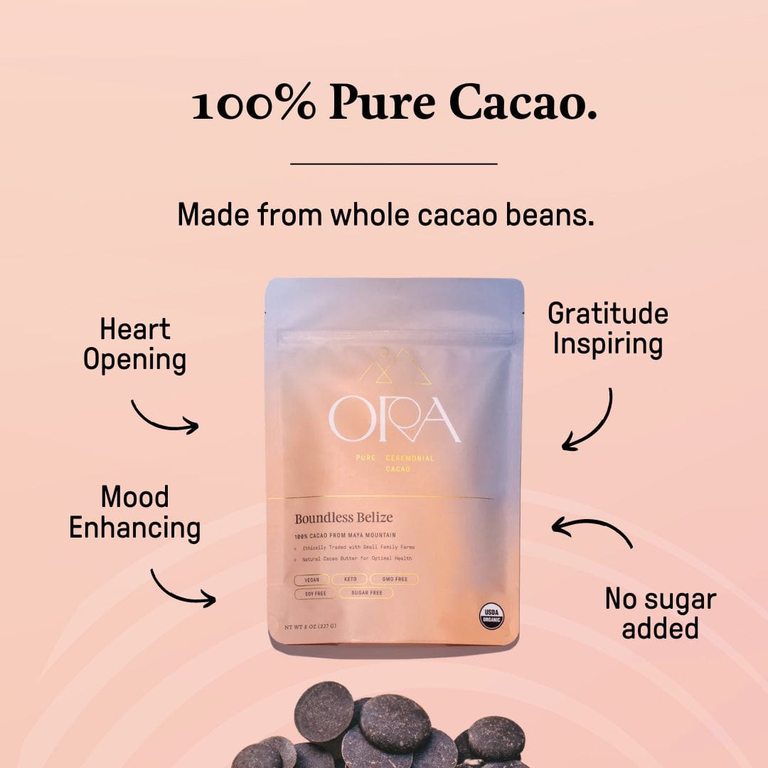 Boundless Belize Ora Cacao pure 100% ceremonial cacao in a 1 lb package, showcasing rich cacao beans and natural packaging.