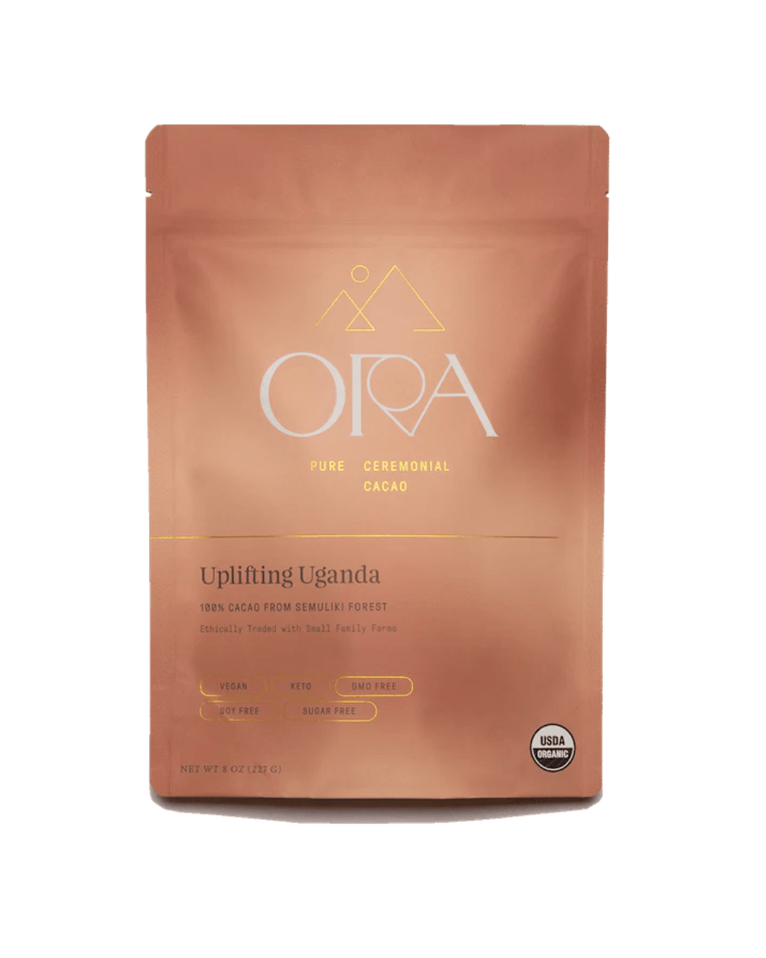 Pure 100% ceremonial cacao from Ora Cacao, Uplifting Uganda, shown in a 1 lb package with rich cacao beans.
