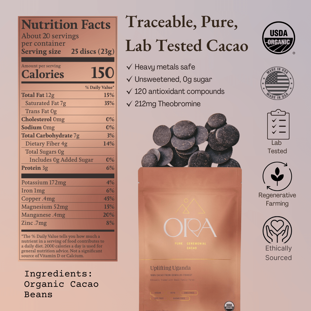 Pure 100% ceremonial cacao from Ora Cacao, Uplifting Uganda, shown in a 1 lb package with rich cacao beans and vibrant branding.