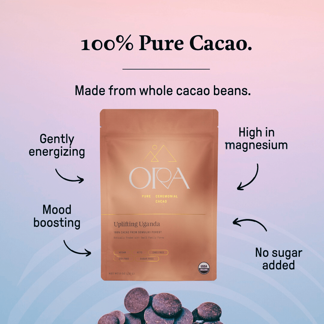 Bag of Ora Cacao Uplifting Uganda 100% Ceremonial Cacao in a resealable bag, showing cacao beans and branding.