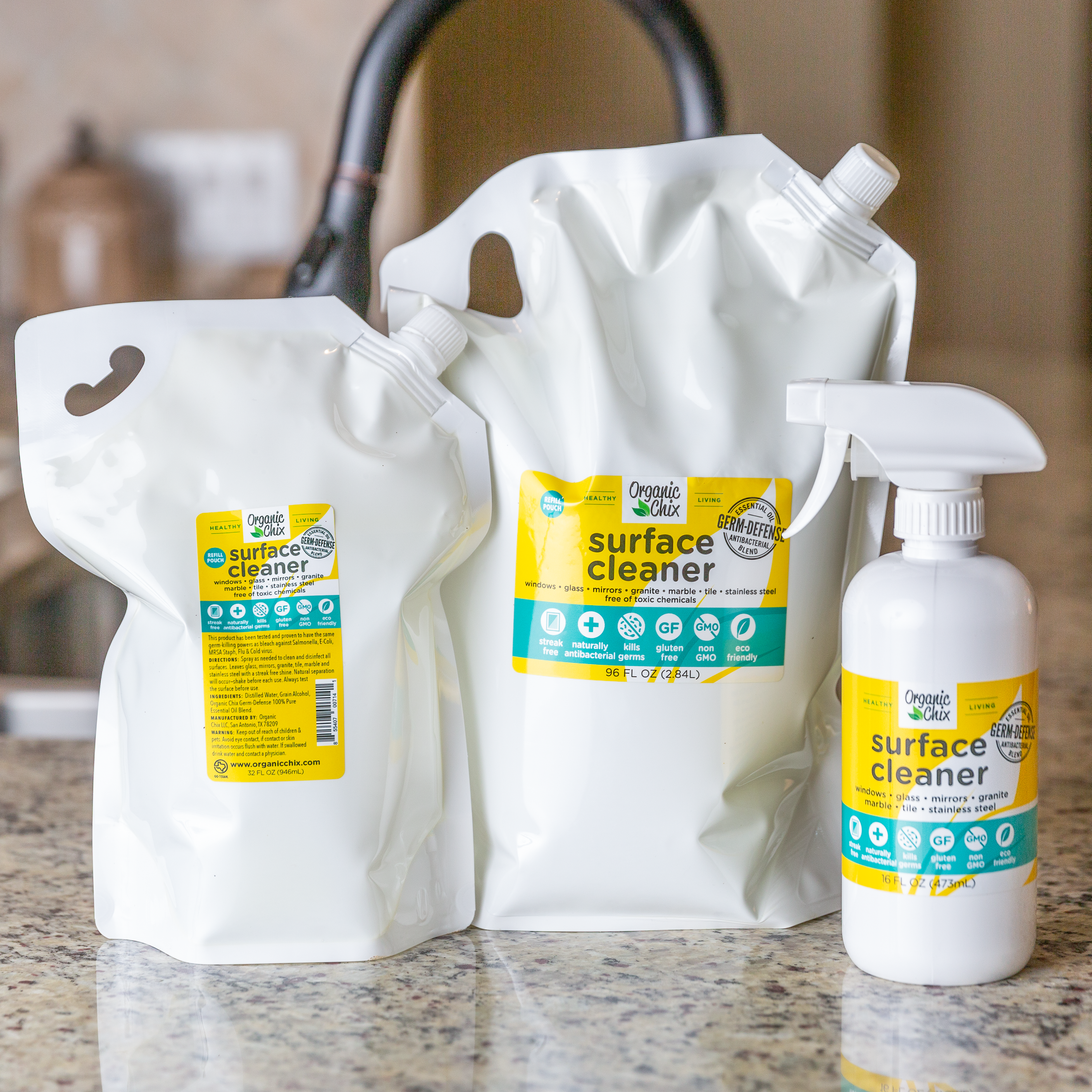 Organic Chix all-purpose surface cleaner and refill bottle for healthy cleaning of kitchen and household surfaces.