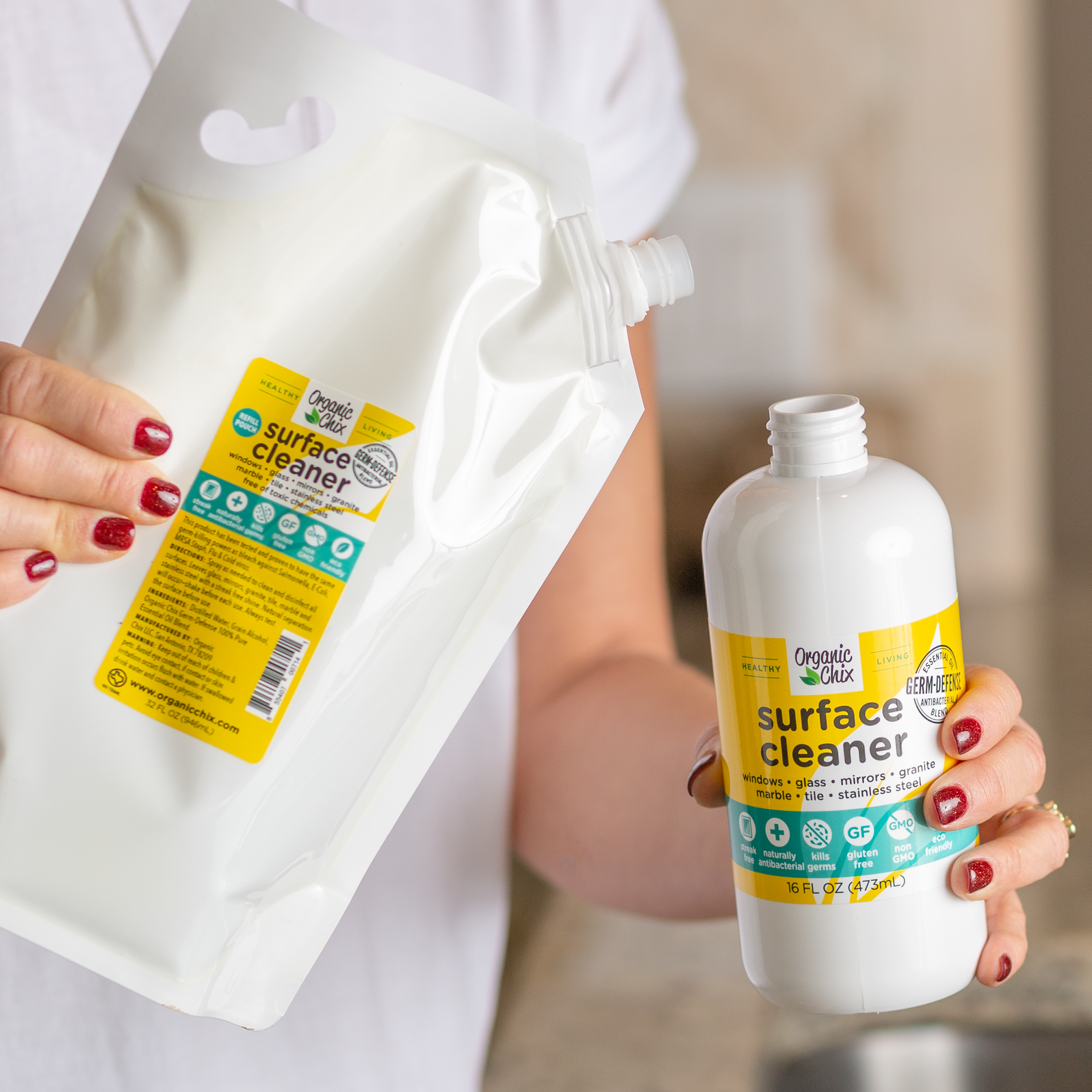 Organic Chix all-purpose surface cleaner in a spray bottle with refill options for healthy, eco-friendly cleaning.