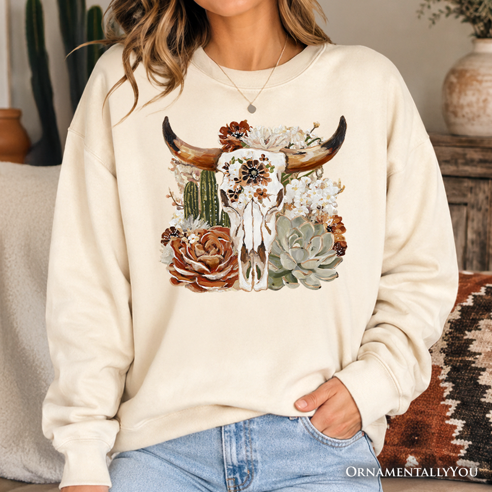 Boho floral cow skull sweatshirt by OrnamentallyYou featuring western autumn cowgirl style, casual cozy sweatshirt.