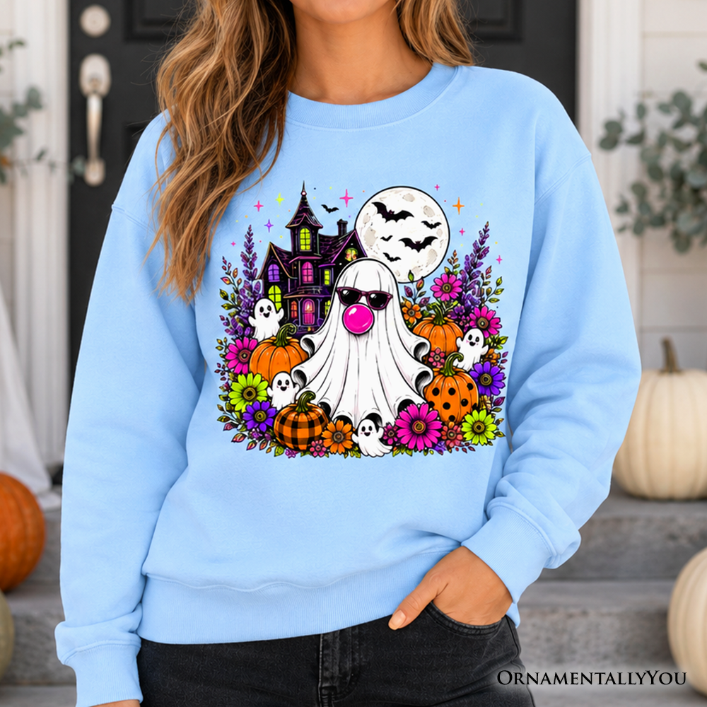 Colorful Bubblegum Ghost Haunted House sweatshirt by OrnamentallyYou featuring floral Halloween pumpkin design, cozy sweatshirt style.