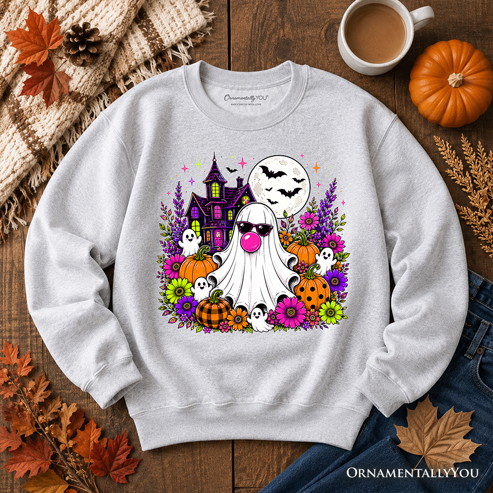 Colorful floral Halloween pumpkin sweatshirt featuring a bubblegum ghost haunted house design by OrnamentallyYou.