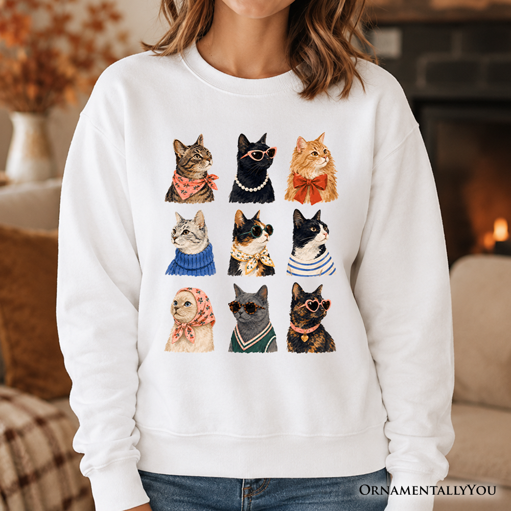 Colorful Cats Sweatshirt by OrnamentallyYou featuring vibrant cat breed illustrations on a summer sweater for animals lovers.