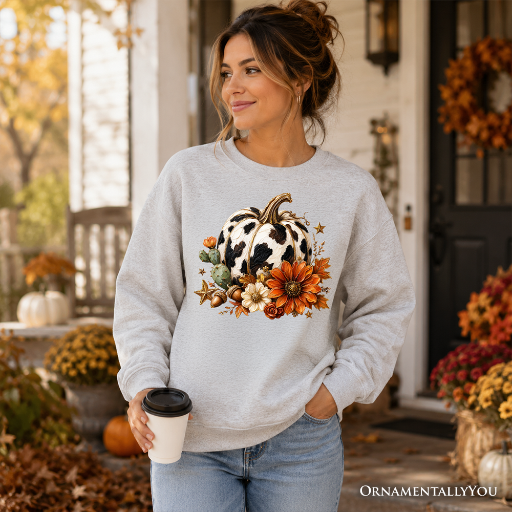 Cow and pumpkin floral print sweatshirt by OrnamentallyYou featuring western autumn harvest design and cozy fall style.