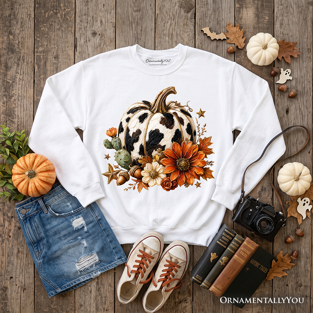 Cow pumpkin floral sweatshirt by OrnamentallyYou featuring autumn harvest design, cozy western-style sweatshirt in ash color.