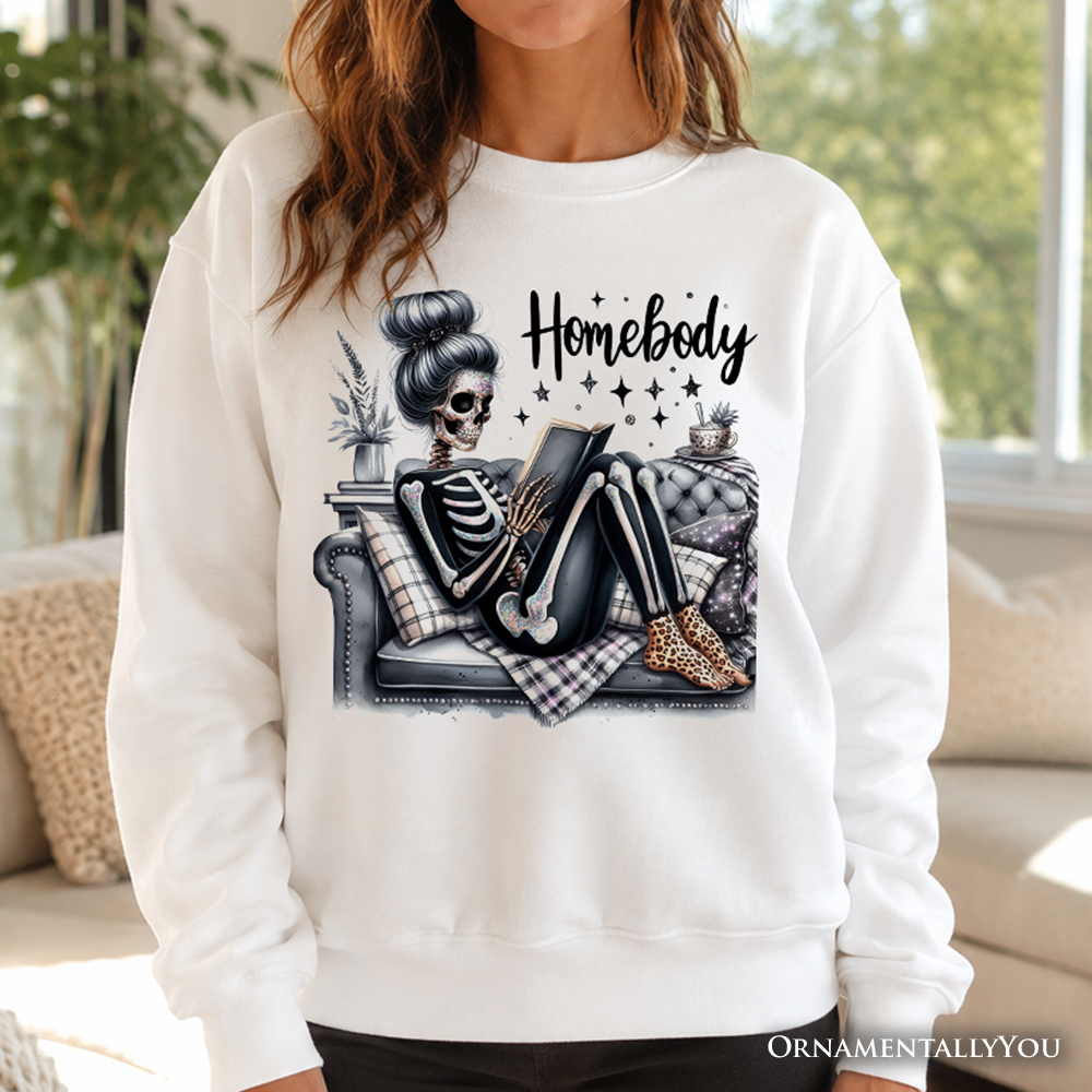 Homebody Reading Skeleton Sweatshirt by OrnamentallyYou, cozy and funny self-care sweater for introvert women, in ash color.