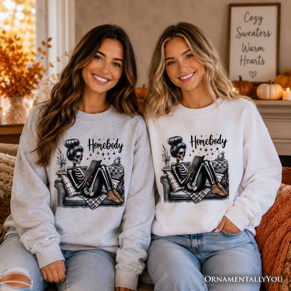 Homebody Reading Skeleton Sweatshirt by OrnamentallyYou, cozy and funny self-care sweater for introverted women, featuring a skeleton design.