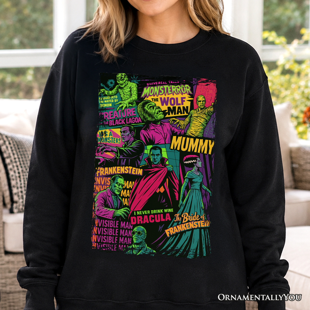 Horror comic classic monsters sweatshirt by OrnamentallyYou featuring vintage spooky Halloween design on ash-colored sweatshirt.