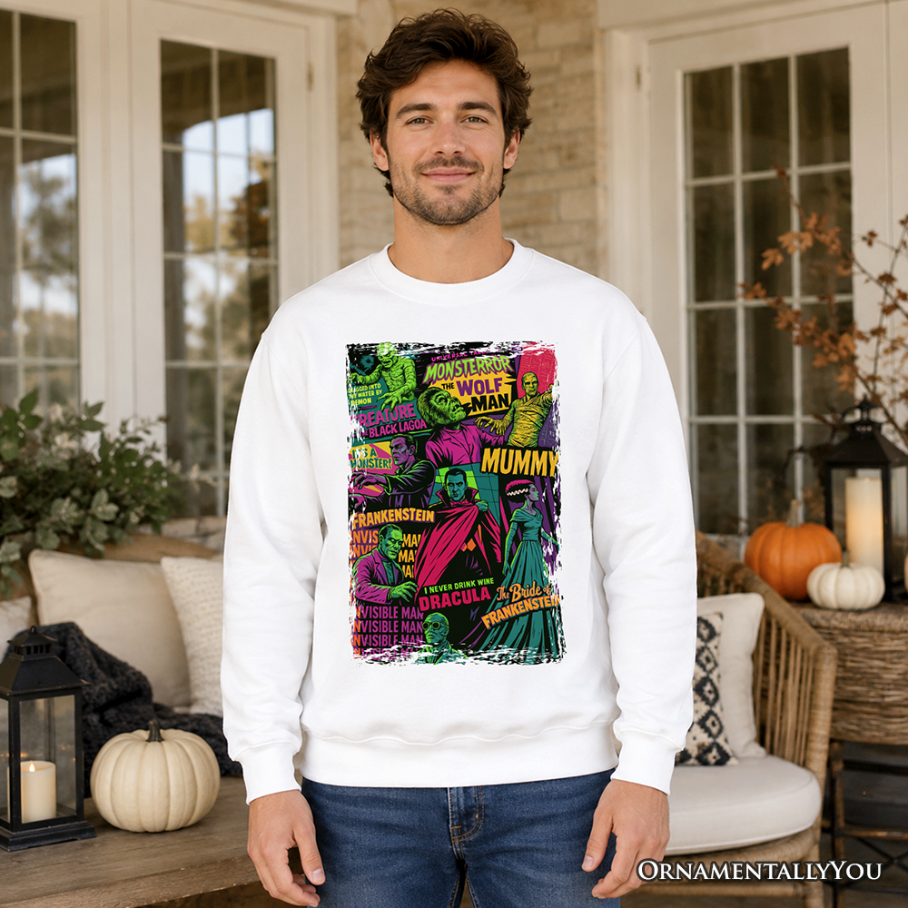 Horror comic monsters sweatshirt by OrnamentallyYou featuring vintage spooky Halloween design on ash-colored fabric.