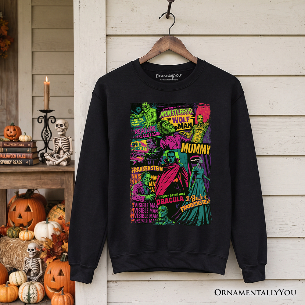 Orange horror comic monsters sweatshirt by OrnamentallyYou featuring vintage scary Halloween design, cozy Halloween-themed sweatshirt.