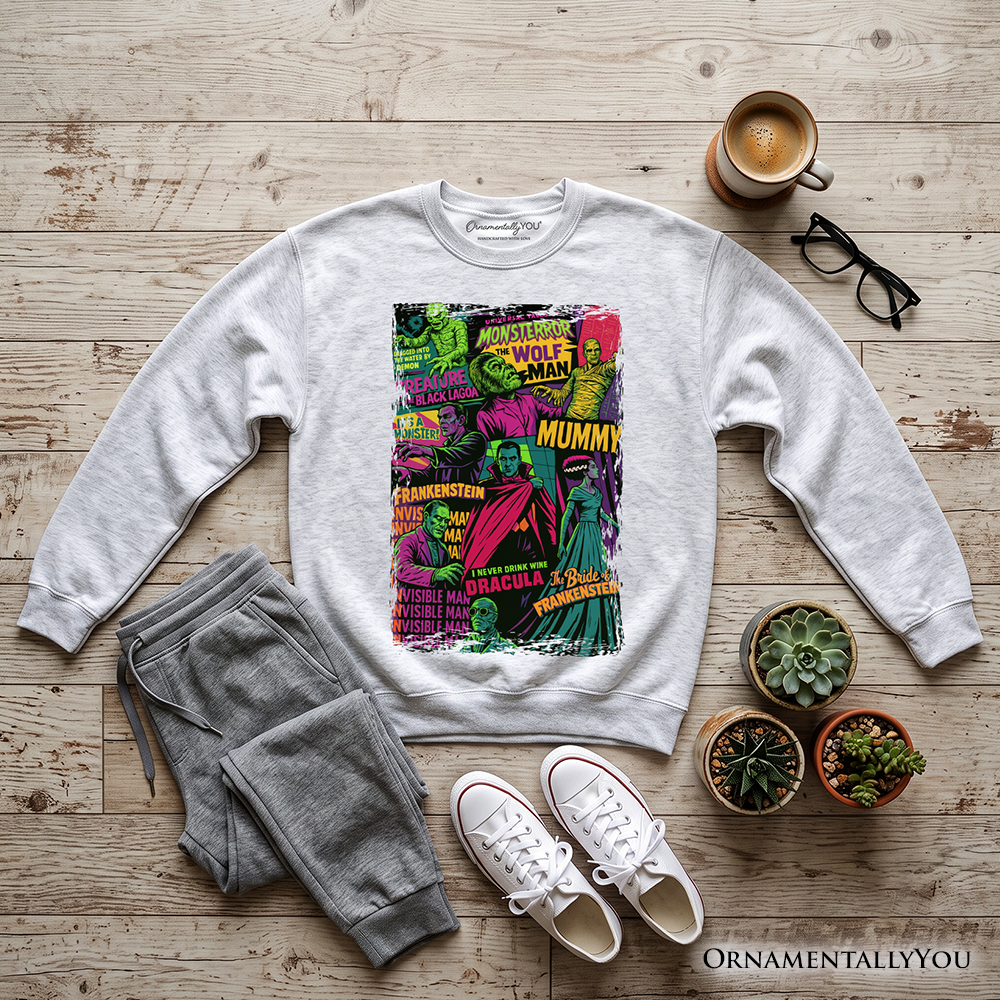 Orange Horror Comic Classic Monsters sweatshirt by OrnamentallyYou featuring vintage scary Halloween graphic on soft fabric.