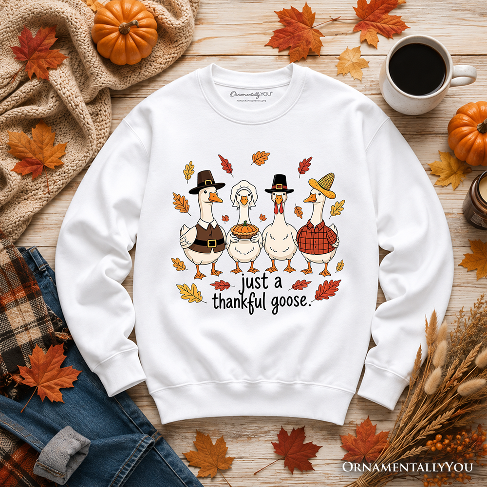 Ash-colored sweatshirt featuring a humorous thankful goose design, perfect for Thanksgiving and family gatherings.