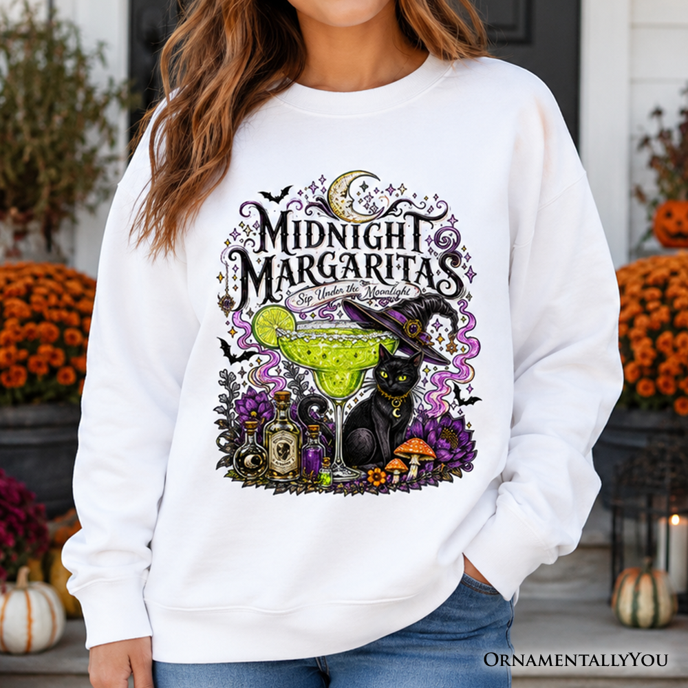 Black cat Halloween sweatshirt by OrnamentallyYou featuring spooky cocktail design for a witchy, festive fall look.