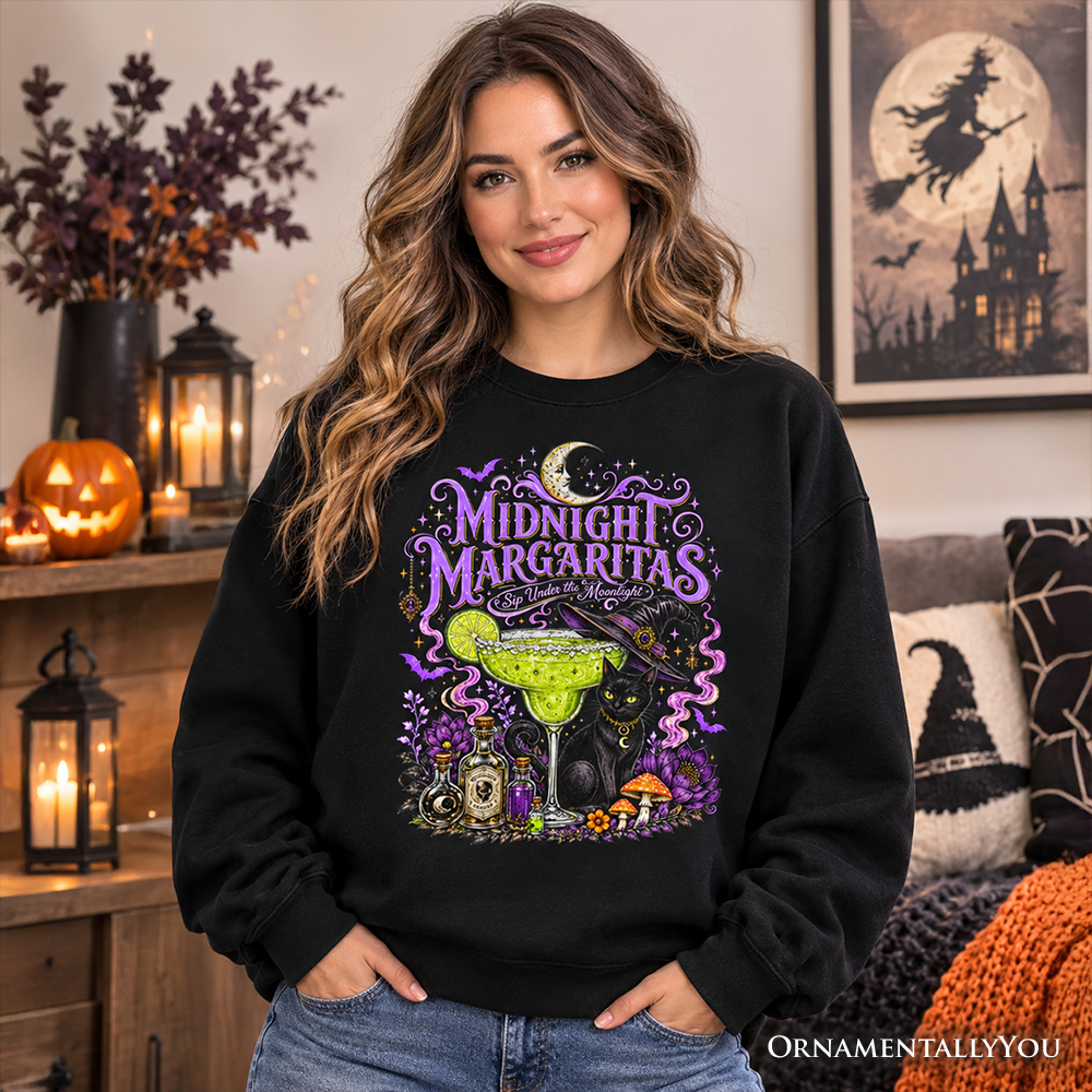 Black cat Halloween sweatshirt featuring a witchy cocktail design, perfect for spooky season, by OrnamentallyYou.
