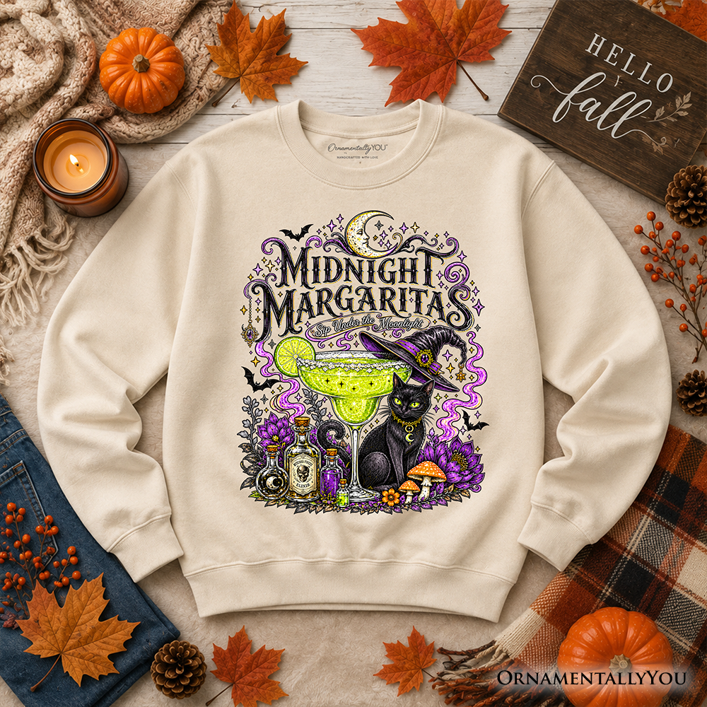Black cat Halloween sweatshirt featuring witchy cocktail design, cozy sweater for spooky season, by OrnamentallyYou.