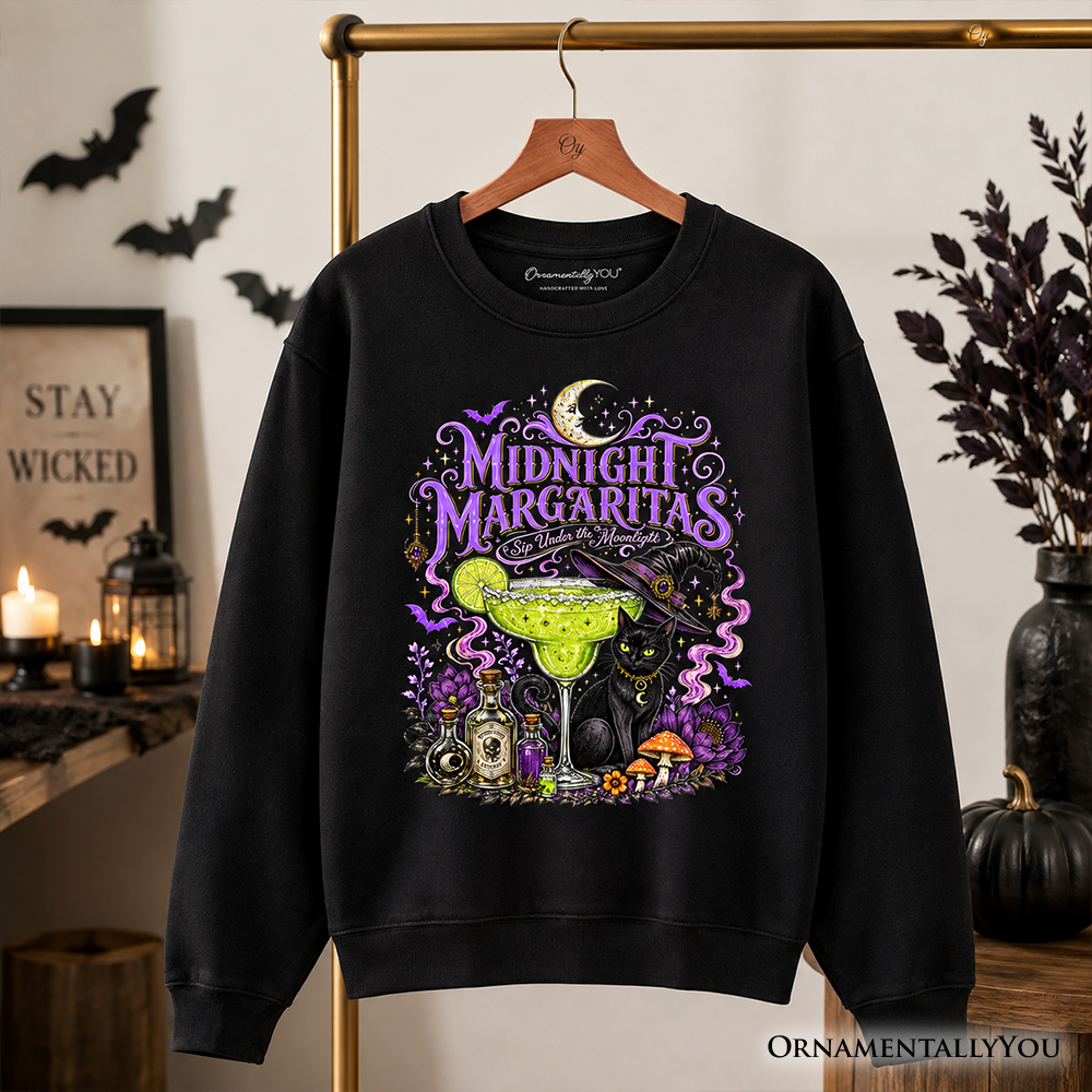 Black cat Halloween sweatshirt featuring spooky cocktail design, perfect for witchy, festive fall and spooky season wear.