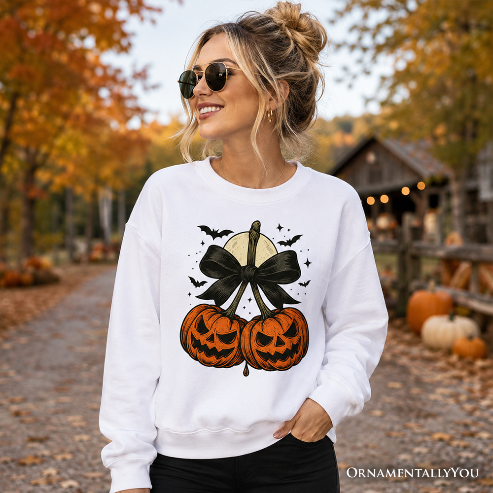 Orange and gray Pumpkin Cherries Coquette Bow sweatshirt by OrnamentallyYou featuring a retro Halloween fall design for girls.